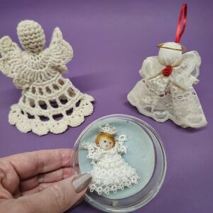 Lot of 2 Angels Vtg‎ Handmade Ornaments Crochet Lace Religious Christmas Decor